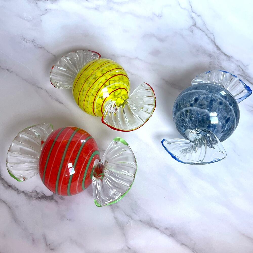 3pc Hand Blown Art Glass Wrapped Candy Decor Red Yellow Blue Heavy Glass